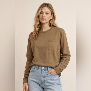 SHINE UP Tan Long Sleeve Pocket Tee Crewneck Minimalist Top Size M
